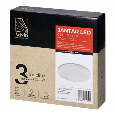 JANTAR plafon LED 18W z mikrofalowym czujnikiem ruchu, 1880 lm, 4000K, klosz PC, IP54 (AD-PL-6468WLPMM4)