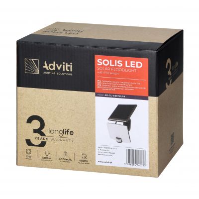 SOLIS LED 10W, naświetlacz solarny  z czujnikiem ruchu PIR, 1200lm, IP54, 4000K, 3000 mAh, czarny (AD-SL-6467BLR4)