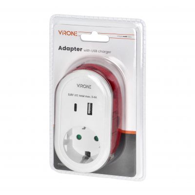 Adapter 1x 2P+Z z ładowarką USB (Typ A+C), 5V DC/ 3,4A, z dodatkowym kablem ładującym (typ C + Light (CS-2(GS))