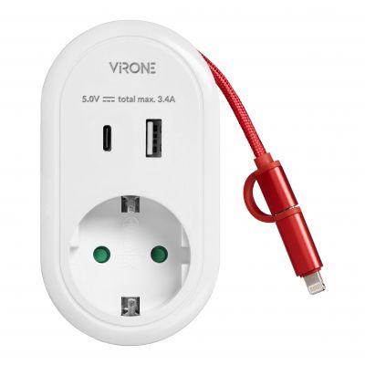 Adapter 1x 2P+Z z ładowarką USB (Typ A+C), 5V DC/ 3,4A, z dodatkowym kablem ładującym (typ C + Light (CS-2(GS))