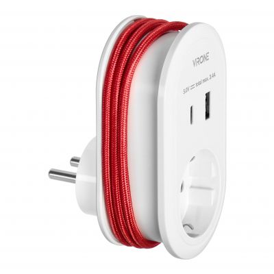 Adapter 1x 2P+Z z ładowarką USB (Typ A+C), 5V DC/ 3,4A, z dodatkowym kablem ładującym (typ C + Light (CS-2(GS))