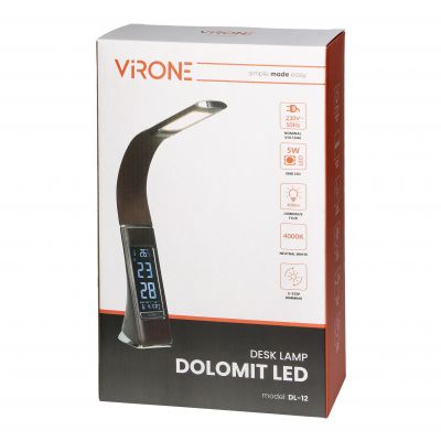 Lampka biurkowa DOLOMIT LED 4000K, 5W DIM z zegarem, imitacja skóry/chrom brązowa ORNO (DL-12/BR)
