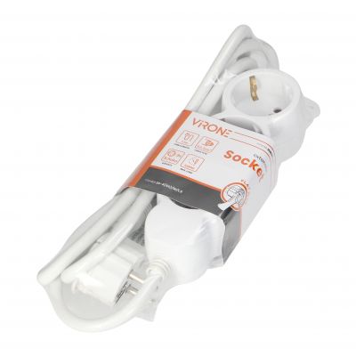 Przedłużacz 3-krotny 2P+Z (Schuko), 1,5m H05VV-F 3x1,5mm2 , Imax=16A, płaska wtyczka, biały (ES-4(GS)/W/1,5)