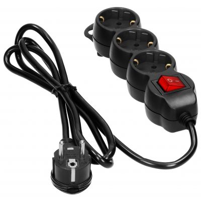 Przedłużacz 3-krotny 2P+Z (Schuko), z wyłącznikiem, 1,5m H05VV-F 3x1,5mm2, Imax=16A, płaska wtyczka, (ES-5(GS)/B/1,5)
