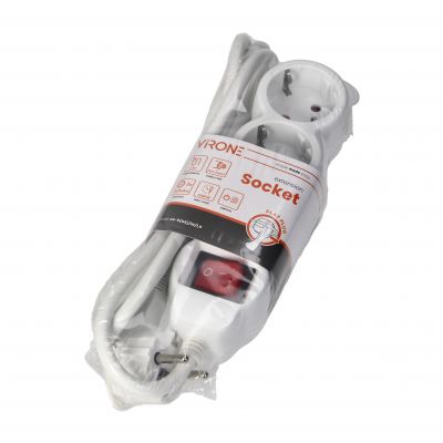 Przedłużacz 3-krotny 2P+Z (Schuko) z wyłącznikiem, 1,5m H05VV-F 3x1,5mm2, Imax=16A, płaska wtyczka, (ES-5(GS)/W/1,5)