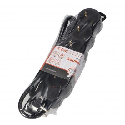 Przedłużacz 5-krotny 2P+Z (Schuko), 1,5m H05VV-F 3x1,5mm2, Imax=16A, płaska wtyczka, czarny (ES-6(GS)/B/1,5)