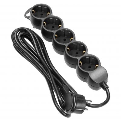 Przedłużacz 5-krotny 2P+Z (Schuko), 3m H05VV-F 3x1,5mm2, Imax=16A, płaska wtyczka, czarny (ES-6(GS)/B/3)