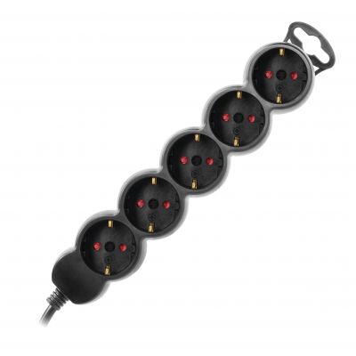 Przedłużacz 5-krotny 2P+Z (Schuko), 3m H05VV-F 3x1,5mm2, Imax=16A, płaska wtyczka, czarny (ES-6(GS)/B/3)