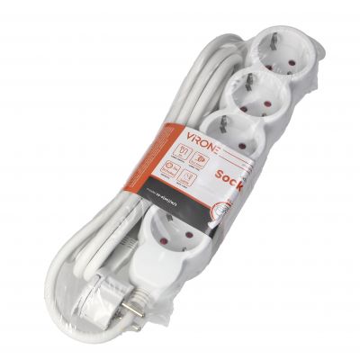 Przedłużacz 5-krotny 2P+Z (Schuko), 3m H05VV-F 3x1,5mm2, Imax=16A, płaska wtyczka, biały (ES-6(GS)/W/3)