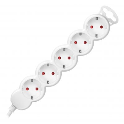 Przedłużacz 5-krotny 2P+Z (Schuko), 5m H05VV-F 3x1,5mm2, Imax=16A, płaska wtyczka, biały (ES-6(GS)/W/5)