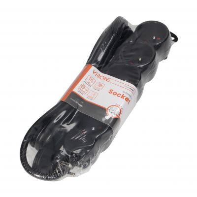 Przedłużacz 5-krotny 2P+Z, 3m H05VV-F 3x1,5mm2, Imax=16A, płaska wtyczka, czarny (ES-6/B/3)