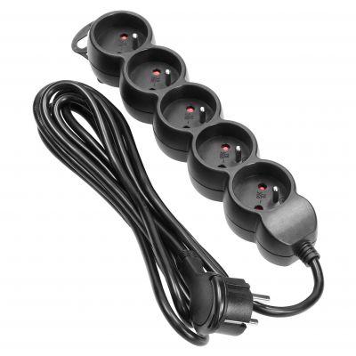 Przedłużacz 5-krotny 2P+Z, 3m H05VV-F 3x1,5mm2, Imax=16A, płaska wtyczka, czarny (ES-6/B/3)