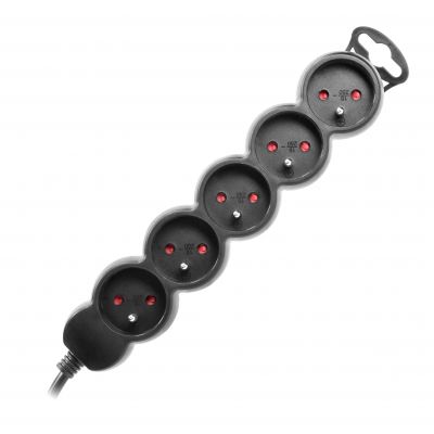 Przedłużacz 5-krotny 2P+Z, 3m H05VV-F 3x1,5mm2, Imax=16A, płaska wtyczka, czarny (ES-6/B/3)