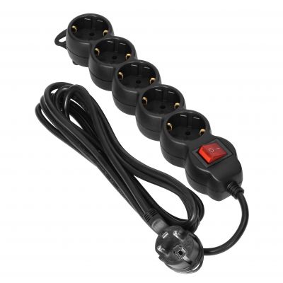 Przedłużacz 5-krotny 2P+Z (Schuko), z wyłącznikiem, 5m H05VV-F 3x1,5mm2, Imax=16A, płaska wtyczka, c (ES-7(GS)/B/5)