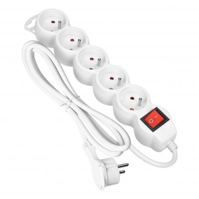 Przedłużacz 5-krotny 2P+Z z wyłącznikiem, 1,5m H05VV-F 3x1,5mm2, Imax=16A, płaska wtyczka, biały (ES-7/W/1,5)