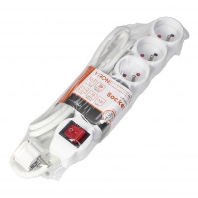 Przedłużacz 5-krotny 2P+Z, z wyłącznikiem, 3m H05VV-F 3x1,5mm2, Imax=16A, płaska wtyczka, biały (ES-7/W/3)