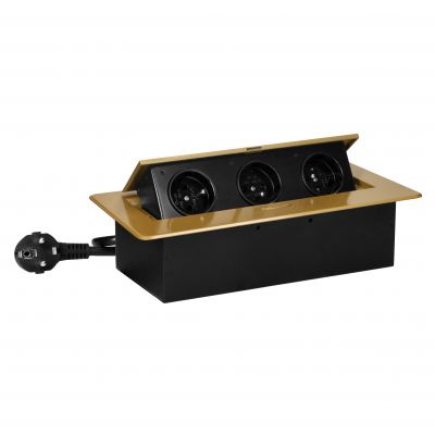 Gniazdo meblowe wpuszczane w blat z płaskim frezowanym rantem i przewodem 1,5m, 3x2P+Z, złote (OR-GM-9033/C)