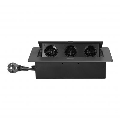 Gniazdo meblowe wpuszczane w blat z płaskim frezowanym rantem i przewodem 1,5m, 3x2P+Z, grafitowe (OR-GM-9033/GR)