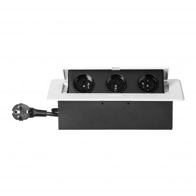 Gniazdo meblowe wpuszczane w blat z płaskim frezowanym rantem i przewodem 1,5m, 3x2P+Z, białe (OR-GM-9033/W)