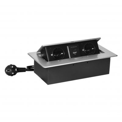 Gniazdo meblowe wpuszczane w blat z płaskim frezowanym rantem, ładowarką USB i przewodem 1,5m, 2x2P+ (OR-GM-9035(GS)/G)