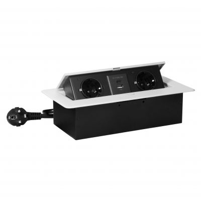 Gniazdo meblowe wpuszczane w blat z płaskim frezowanym rantem, ładowarką USB i przewodem 1,5m, 2x2P+ (OR-GM-9035(GS)/W)