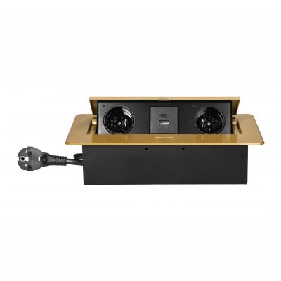 Gniazda meblowe wpuszczane w blat z płaskim frezowanym rantem, ładowarką USB i przewodem 1,5m, 2x2P+ (OR-GM-9035/C)