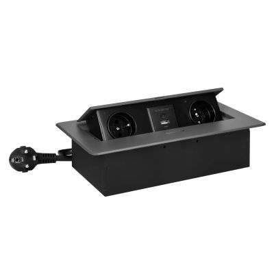 Gniazda meblowe wpuszczane w blat z płaskim frezowanym rantem, ładowarką USB i przewodem 1,5m, 2x2P+ (OR-GM-9035/GR)