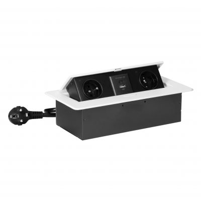 Gniazda meblowe wpuszczane w blat z płaskim frezowanym rantem, ładowarką USB i przewodem 1,5m, 2x2P+ (OR-GM-9035/W)