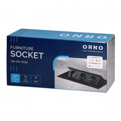 Gniazdo meblowe wpuszczane w blat z płaskim rantem, 3x2P+Z (Schuko), czarne (OR-GM-9036(GS)/B)