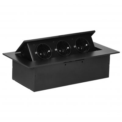 Gniazdo meblowe wpuszczane w blat z płaskim rantem, 3x2P+Z (Schuko), czarne (OR-GM-9036(GS)/B)