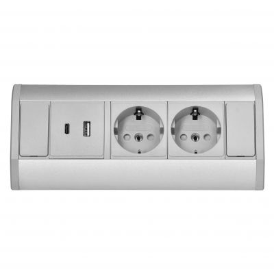 Gniazdo meblowe 2x2P+Z (Schuko), 2xUSB (typ A+C; 2,4A), szaro-srebrne (OR-GM-9039(GS)/G)