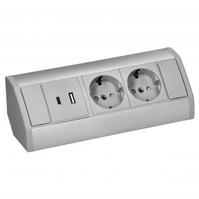 Gniazdo meblowe 2x2P+Z (Schuko), 2xUSB (typ A+C; 2,4A), szaro-srebrne (OR-GM-9039(GS)/G)