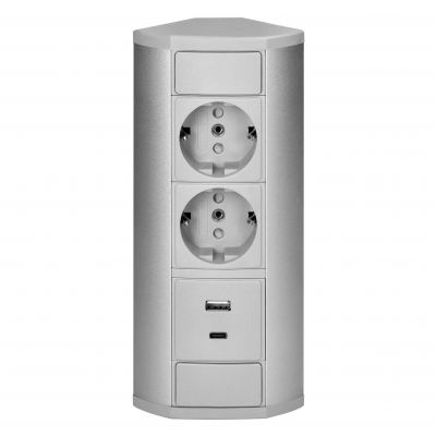 Gniazdo meblowe 2x2P+Z (Schuko), 2xUSB (typ A+C; 2,4A), szaro-srebrne (OR-GM-9039(GS)/G)