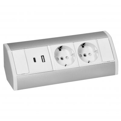 Gniazdo meblowe 2x2P+Z (Schuko), 2xUSB (typ A+C; 2,4A), biało-srebrne (OR-GM-9039(GS)/W-G)