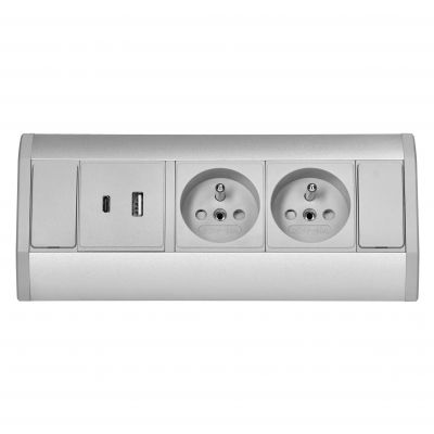 Gniazdo meblowe 2x2P+Z, 2xUSB (typ A+C; 2,4A), szaro-srebrne (OR-GM-9039/G)