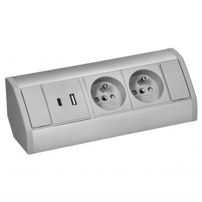 Gniazdo meblowe 2x2P+Z, 2xUSB (typ A+C; 2,4A), szaro-srebrne (OR-GM-9039/G)