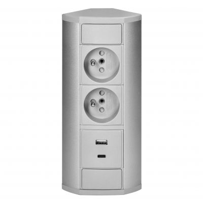 Gniazdo meblowe 2x2P+Z, 2xUSB (typ A+C; 2,4A), szaro-srebrne (OR-GM-9039/G)