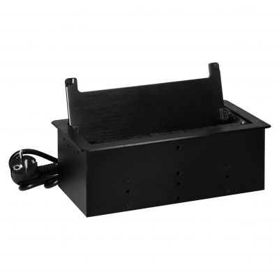 Gniazdo meblowe wpuszczane w blat z płaskim frezowanym rantem, szczotką przeciwkurzową i przewodem 1 (OR-GM-9041(GS)/B)