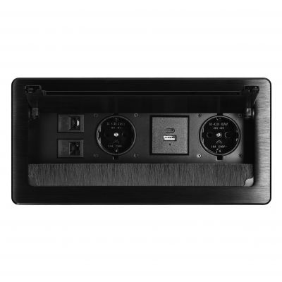 Gniazdo meblowe wpuszczane w blat z płaskim frezowanym rantem, szczotką przeciwkurzową i przewodem 1 (OR-GM-9041(GS)/B)