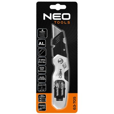 Nóż z ostrzem trapezowym składany + 4 ostrza 2 bity 63-705 NEO GTX (63-705)