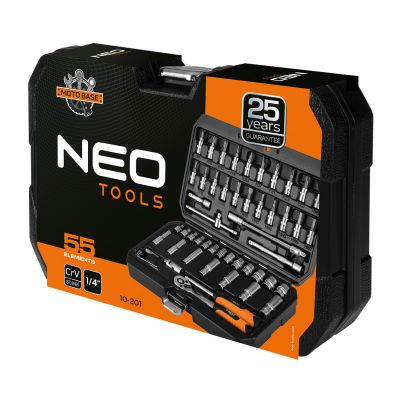 Zestaw klucze nasadowe 55 elementów grzechotka 1/4" walizka NEO TOOLS GTX (10-201)
