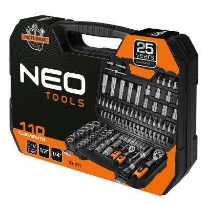 Zestaw kluczy nasadowych 110 elementów 1/2'' 1/4'' walizka NEO TOOLS (10-211)