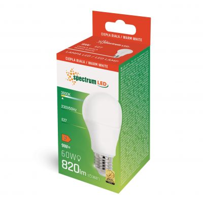 Żarówka LED E27 9W=60w 3000K biała ciepła 820lm Spectrum (WOJ+14610)