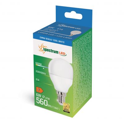 Żarówka LED KULKA E14 230V 6W 560lm 6000K zimna biel  WOJ+13023 Spectrum Led (WOJ+13023)