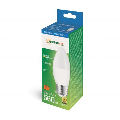 Żarówka LED ŚWIECOWA E27 230V 6W 560lm 6000K zimna biel  WOJ+13062 Spectrum Led (WOJ+13062)