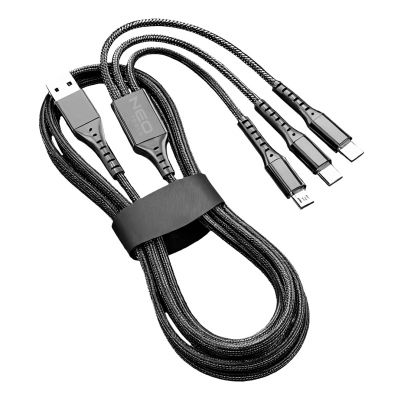 KABEL USB 3w1 USB typ C Micro USB Lightning 1,2m czarny nylon GD038 NEO GTX (GD038)