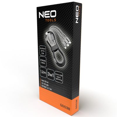 KABEL USB 3w1 USB typ C Micro USB Lightning 1,2m czarny nylon GD038 NEO GTX (GD038)