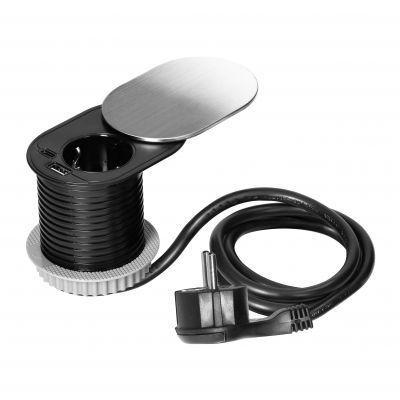 Gniazdo meblowe O6cm, wpuszczane w blat z przesuwną pokrywką, ładowarką USB i przewodem 1,9m, 1x2P+Z (OR-GM-9042(GS)/G)