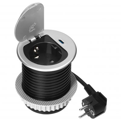 Gniazdo meblowe O6cm wpuszczane w blat z pokrywką, ładowarką USB i przewodem 1,9m, 1x2P+Z (Schuko), (OR-GM-9040(GS))