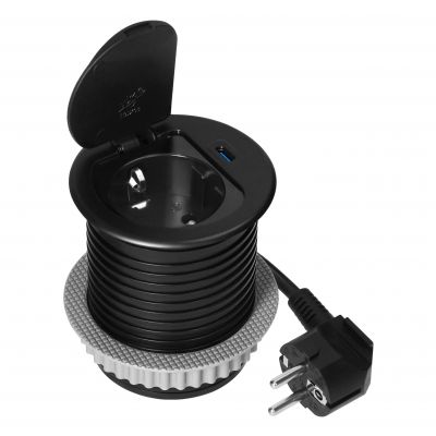 Gniazdo meblowe O6cm wpuszczane w blat z pokrywką, ładowarką USB i przewodem 1,9m, 1x2P+Z (Schuko), (OR-GM-9040(GS)/B)